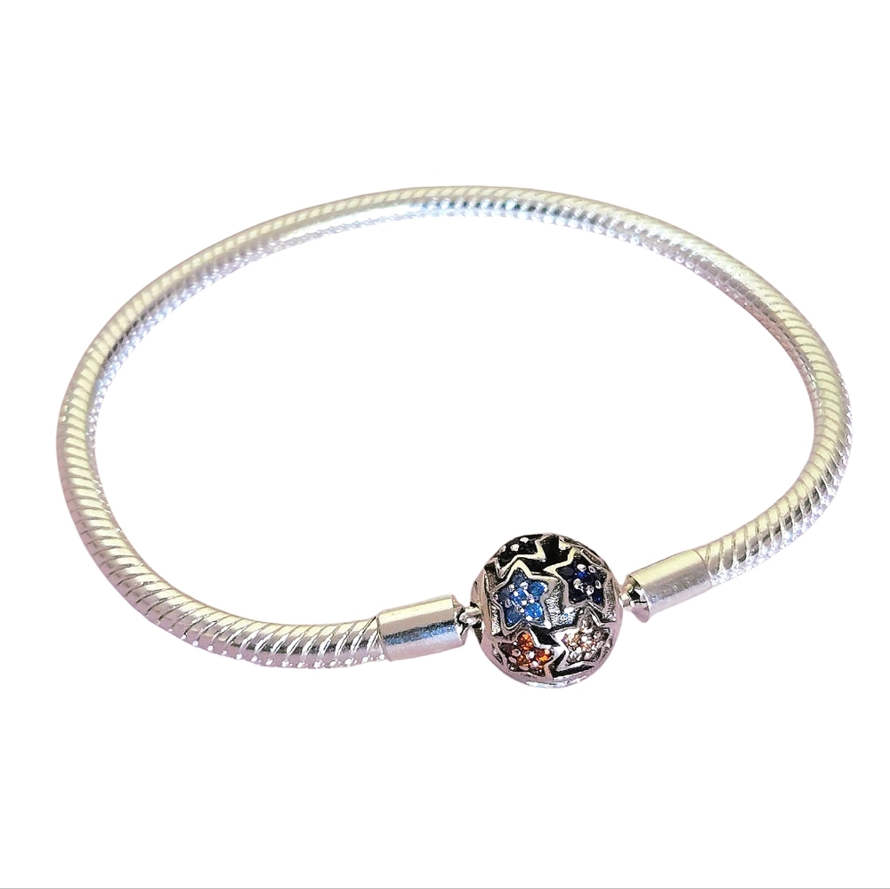 Silver 925 Smooth Snake Chain Charm Bracelet Colorful Stars Ball Clasp 6.75", 8"